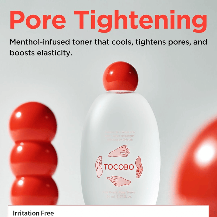 Propagačný obrázok pre TOCOBO Vita Berry Pore Toner, ktorý opisuje chladivý účinok tonera, vlastnosti sťahujúce póry a zlepšenú elasticitu pokožky vďaka formule s obsahom mentolu.