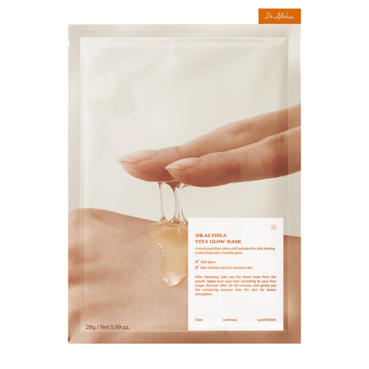 Balenie Dr. Althea Vita Glow Mask, ktoré ukazuje esenciu masky. Hydratačná plátená maska pre žiarivosť a rovnomerný tón pleti, jemná aj pre citlivú pokožku.