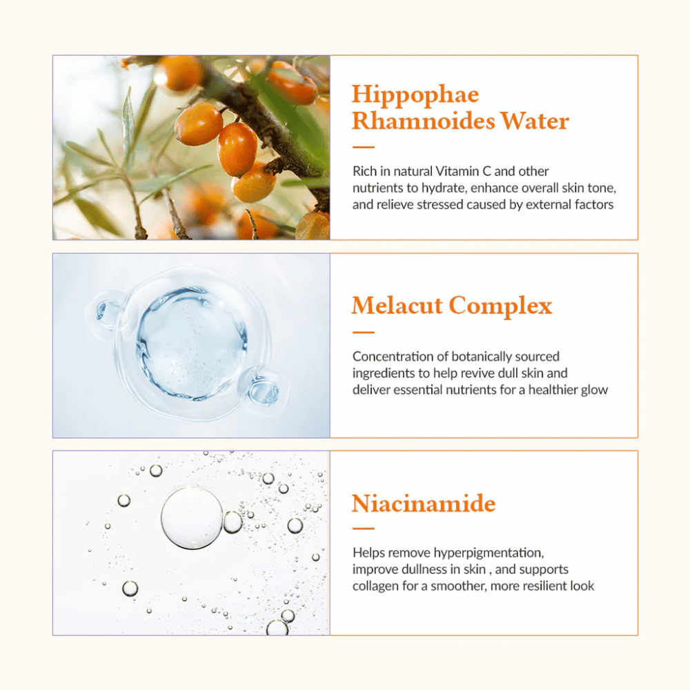 Detailný záber na kľúčové ingrediencie v Dr. Althea Vita Glow Mask: rakytníková voda, Melacut Complex a niacínamid. Poskytuje žiarivosť, hydratuje a vyrovnáva tón pleti.
