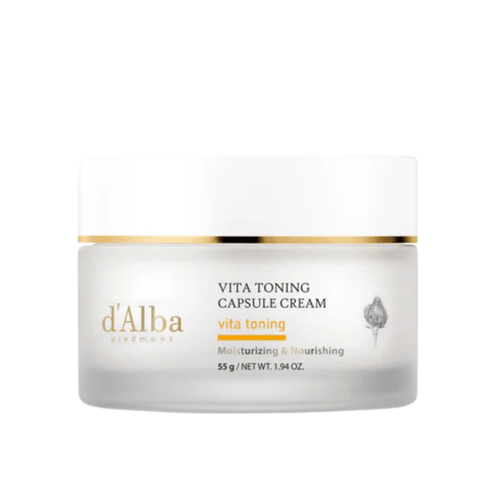 d'Alba Vita Toning Capsule Cream pleťový krém – kórejský glow krém s vitamínovými kapsulami, ktoré pomáhajú hydratovať pokožku a zabezpečiť rovnomernejší, žiarivejší tón pleti.