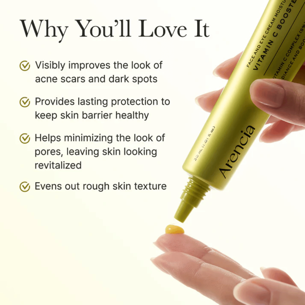Arencia Vitamin C Booster Shot výhody – vitamín C sérum, ktoré zlepšuje jazvy po akné a tmavé škvrny, posilňuje kožnú bariéru, minimalizuje póry a vyrovnáva textúru pokožky