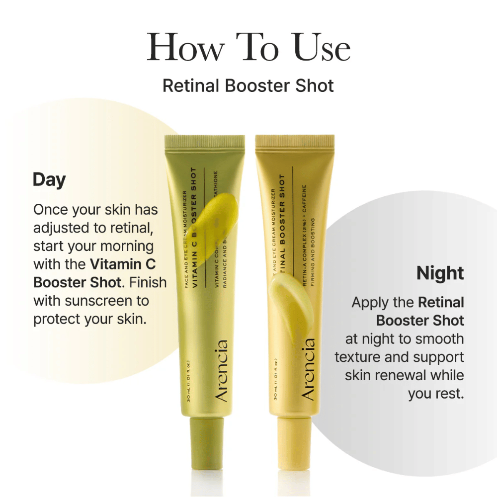Takto používate Arencia Vitamin C Booster Shot – vitamín C sérum v rannej rutine a retinal booster večer pre rovnomernejší tón pleti a lepší lesk
