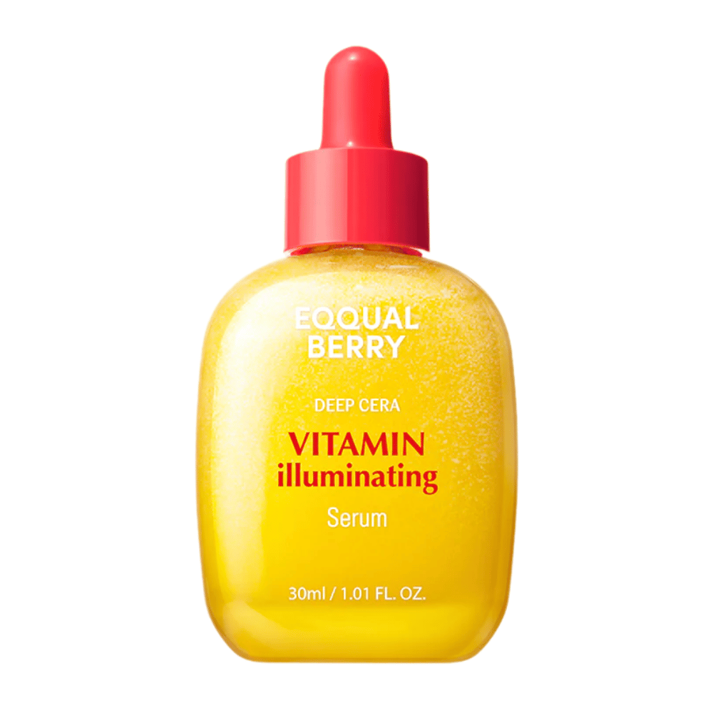 Equal Berry Vitamin Illuminating Serum v žltej trblietavej fľaši s červenou pipetou. Poskytuje žiarivosť a výživu pre žiarivú pleť.
