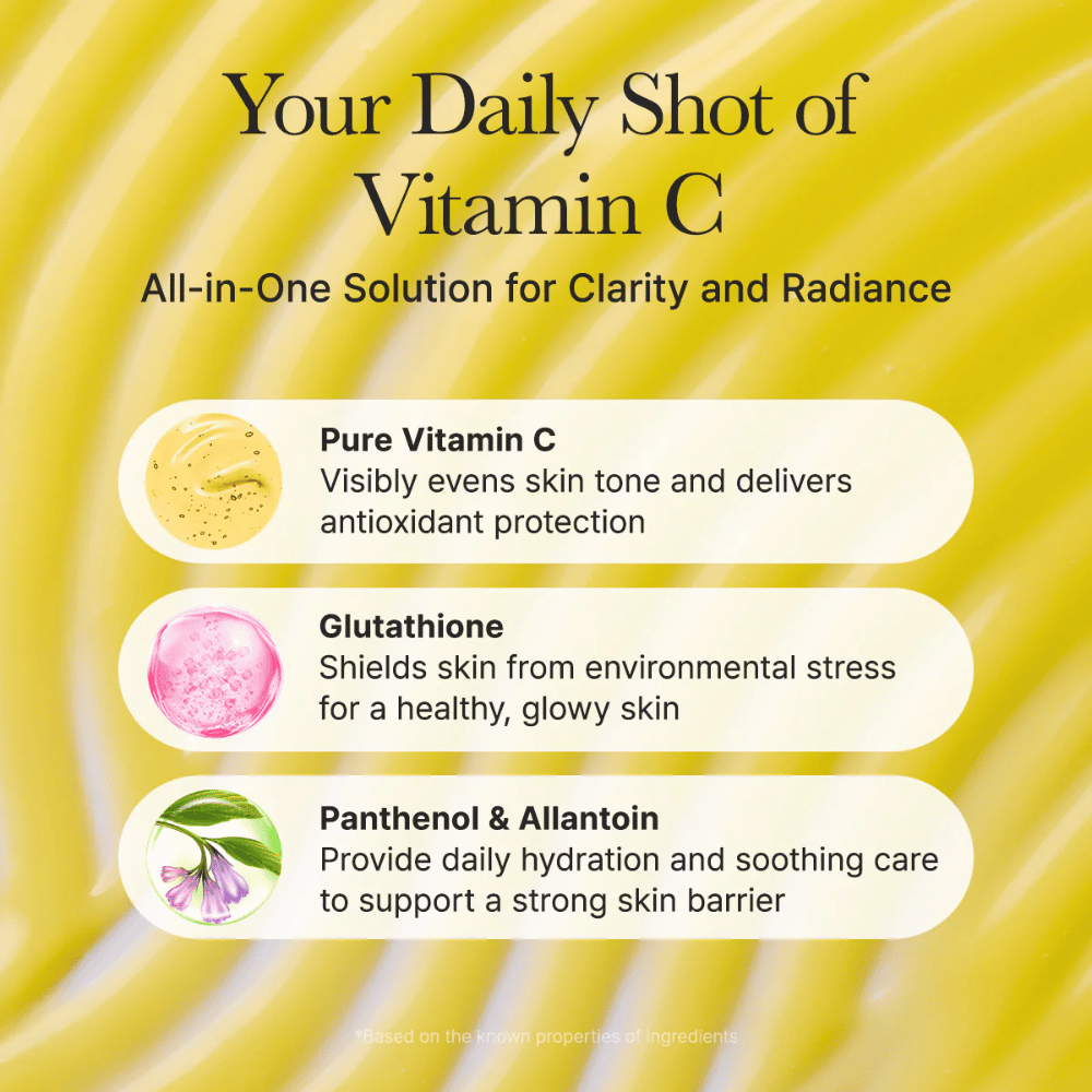 Arencia Vitamin C Booster Shot prehľad zložiek – vitamín C, ktorý vyrovnáva tón pleti, glutathion s antioxidačným účinkom a panthenol a allantoin, ktoré hydratujú a upokojujú pokožku