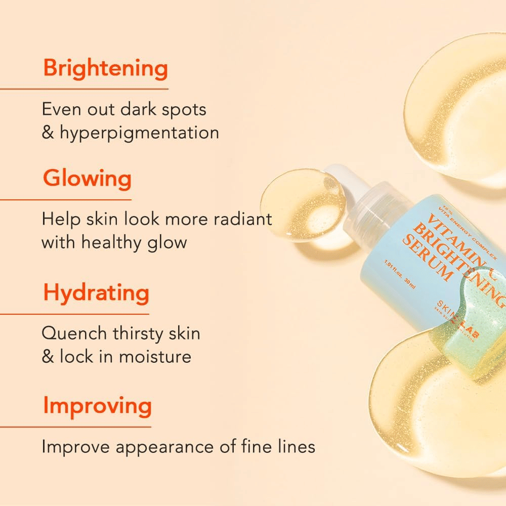 Skin&Lab Vitamin C Brightening Serum zlepšuje tón a štruktúru pleti tým, že redukuje tmavé škvrny a hyperpigmentáciu. Hydratuje, dodáva zdravú žiarivosť a zlepšuje elasticitu pleti. Perfektné na dodanie pleti žiarivého a rovnomerného vzhľadu.