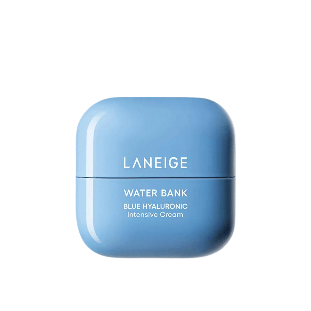 LANEIGE Water Bank Blue Hyaluronic Intensive Cream v modrej zaoblenej nádobe, na bielom pozadí.