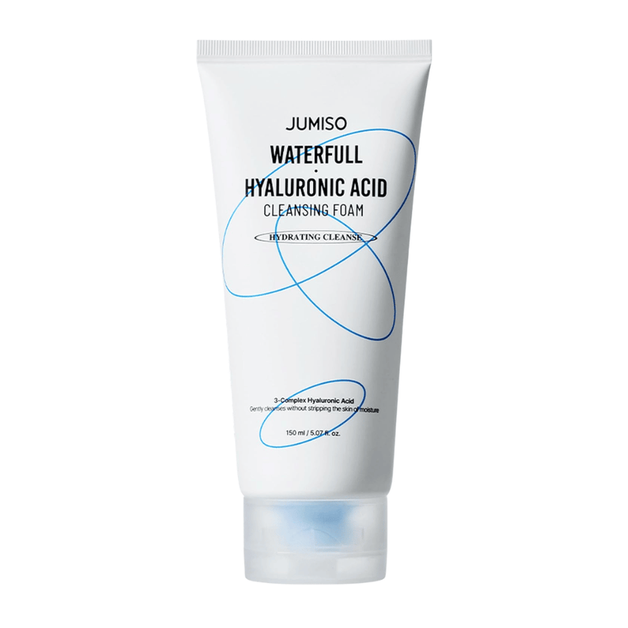 Jumiso Waterfull Hyaluronic Acid Cleansing Foam zobrazený na bielom pozadí. Hydratačný čistiaci prípravok na tvár s kyselinou hyalurónovou, ktorý jemne čistí pokožku bez narušenia jej prirodzenej rovnováhy vlhkosti.