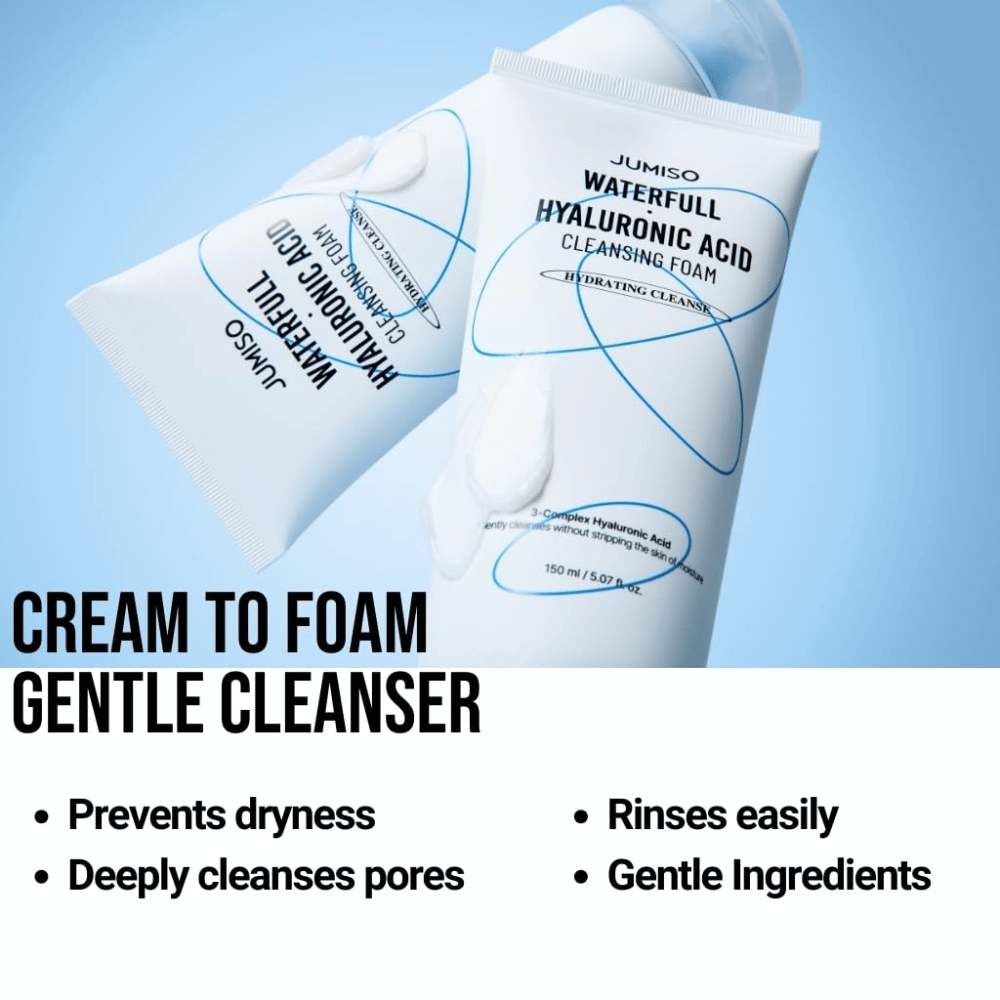 Dve tuby Jumiso Waterfull Hyaluronic Acid Cleansing Foam na svetlomodrom pozadí. Obrázok vyzdvihuje čistenie krémom, ktorý sa mení na penu, jemne čistí póry, pôsobí proti suchosti a ľahko sa oplachuje.