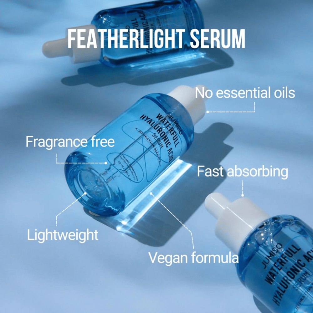 Jumiso Waterfull Hyaluronic Acid Serum – ľahké hyalurónové sérum bez parfumov a esenciálnych olejov, rýchlo absorbovateľné a vegánske hydratačné sérum pre všetky typy pleti