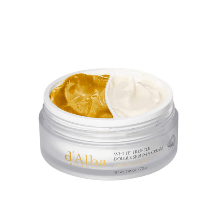 d'Alba White Truffle Double Serum & Cream kombinuje sérum a krém v praktickej dvojdielnej nádobe. Tento produkt poskytuje intenzívnu hydratáciu a výživu vďaka extraktu z bielej hľuzovky, čo dodáva pokožke žiarivý a pevnejší pocit.
