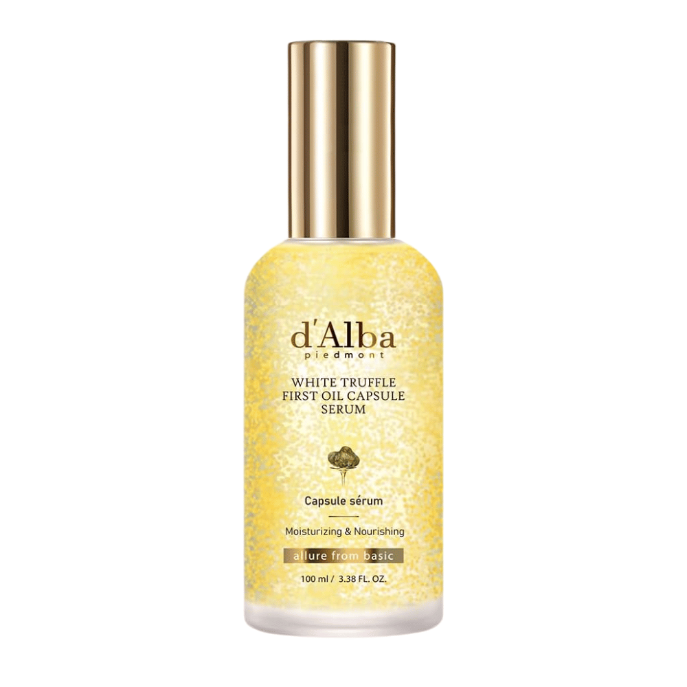 Obrázok produktu d'Alba White Truffle First Oil Capsule Serum v priehľadnej fľaške so zlatými kapsulami.