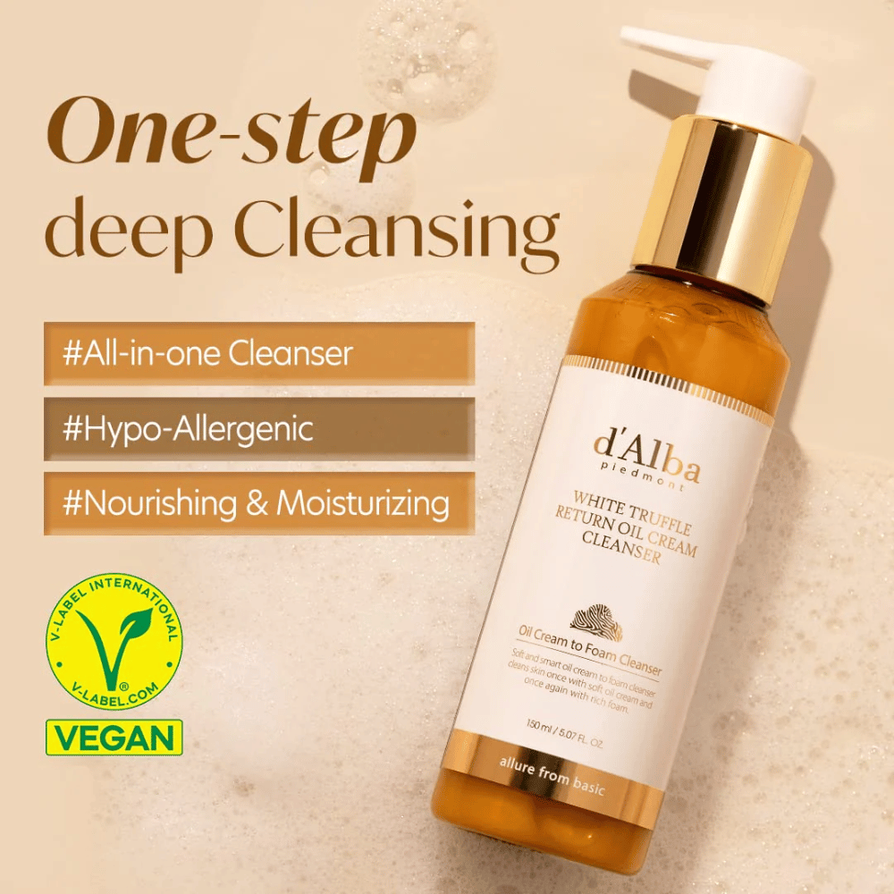 d'Alba White Truffle Return Oil Cream Cleanser je vegánsky, hypoalergénny čistiaci krém s jednofázovým hĺbkovým čistením. Tento všetko-v-jednom čistič je výživný a hydratačný a mení sa z oleja na penu, aby efektívne čistil pokožku a zanechal ju mäkkú a sviežu.
