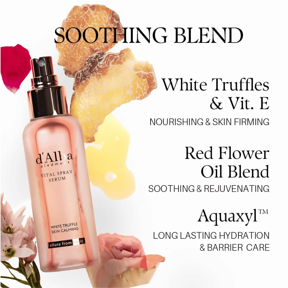 d'Alba White Truffle Vital Spray Serum – biela hľuzovka, vitamín E, kvetinové oleje a Aquaxyl pre hydratáciu a starostlivosť o kožnú bariéru