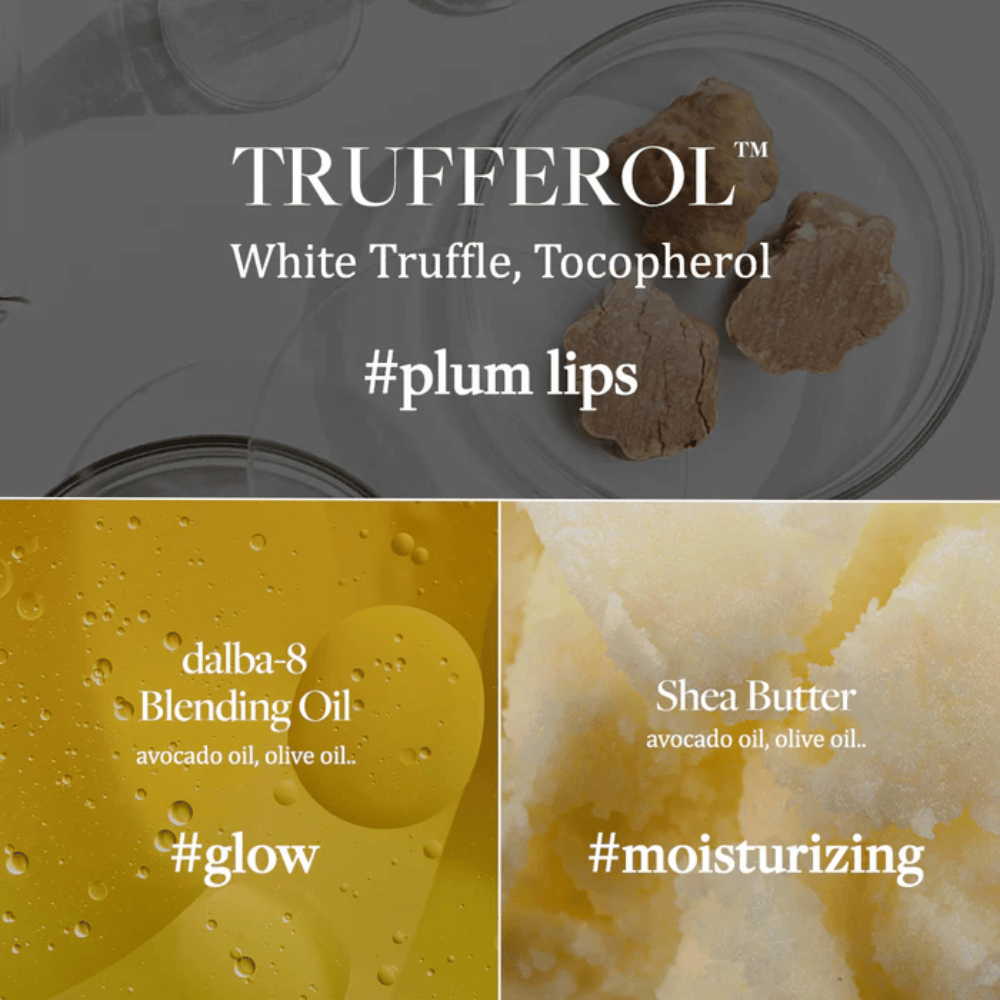 Obrázok ingrediencií s bielou hľuzovkou, tokoferolom, zmiešaným olejom a bambuckým maslom pre d'Alba Nourishing Serum Lip Balm, označený hashtagmi #plum lips, #glow a #moisturizing.