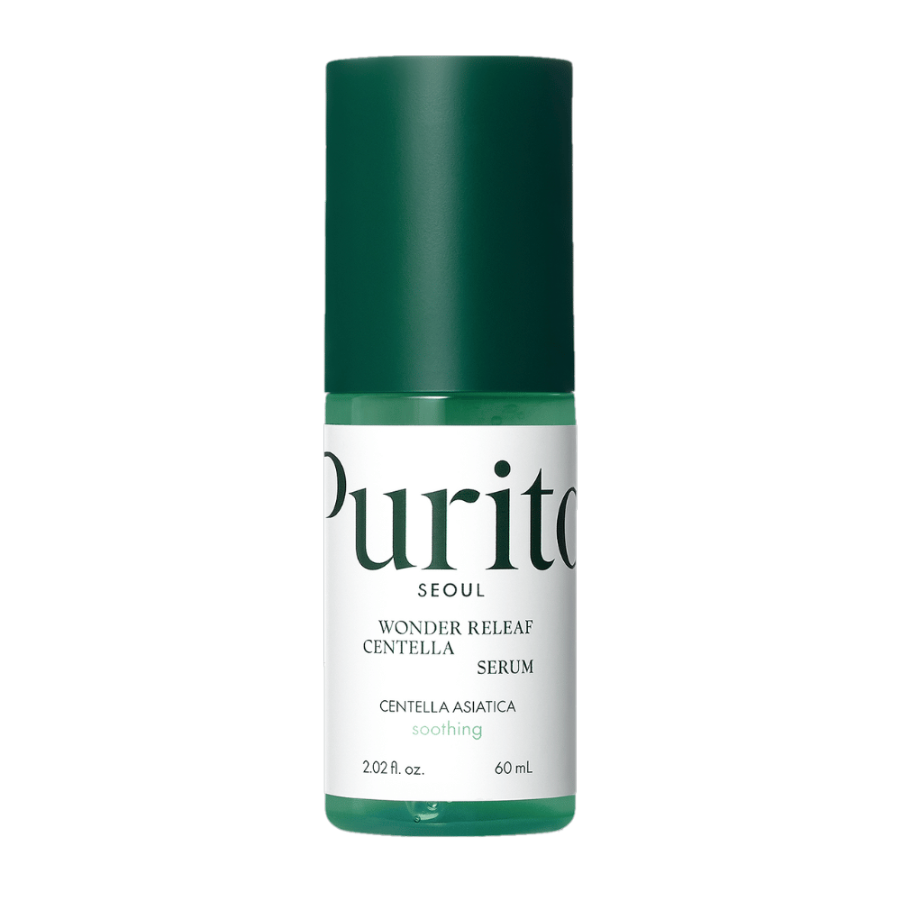 Purito Wonder Releaf Centella Serum v zelenej a bielej fľaši s obsahom 60 ml, umiestnené na bielom pozadí.