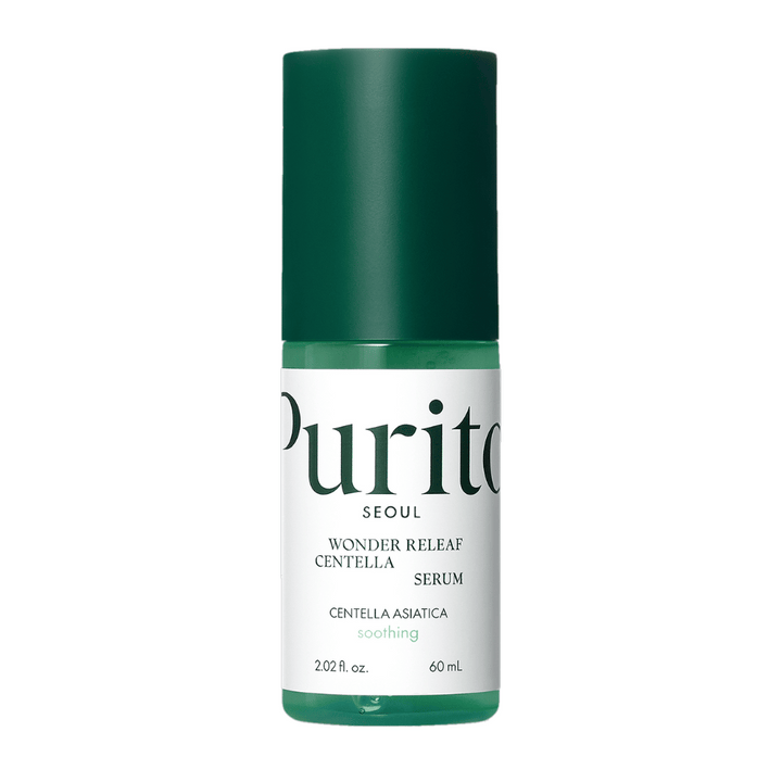 Purito Wonder Releaf Centella Serum v zelenej a bielej fľaši s obsahom 60 ml, umiestnené na bielom pozadí.