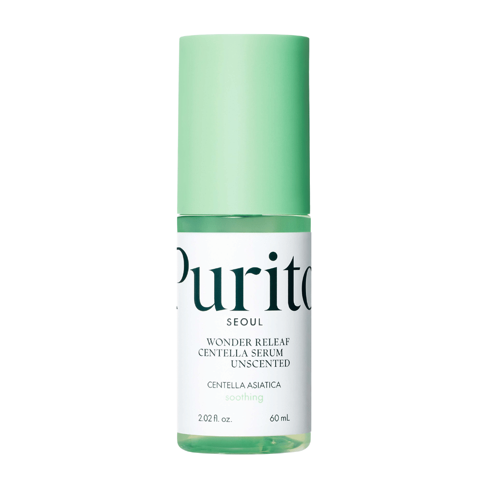 Zatvorená fľaša Purito Wonder Releaf Centella Serum, bez vône, na bielom pozadí.