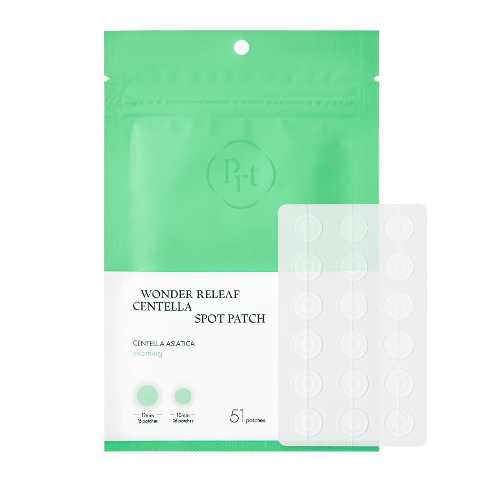 Obrázok produktu Purito Wonder Releaf Centella Spot Patch s balením a 51 priehľadnými akné náplasťami v dvoch veľkostiach pre efektívnu bodovú liečbu.