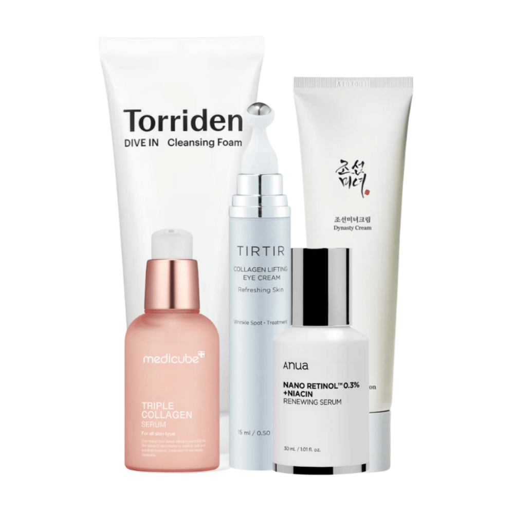 Táto sada, "Youthful Radiance Anti-Aging Kit", obsahuje množstvo produktov na starostlivosť o pleť na oživenie a starostlivosť o zrelú pleť. Sada obsahuje Torriden Dive In Cleansing Foam, Tirtir Collagen Lifting Eye Cream, Medicube Triple Collagen Serum a Anua Nano Retinol 0.3% + Niacin Renewing Serum spolu s Beauty of Joseon Dynasty Cream.