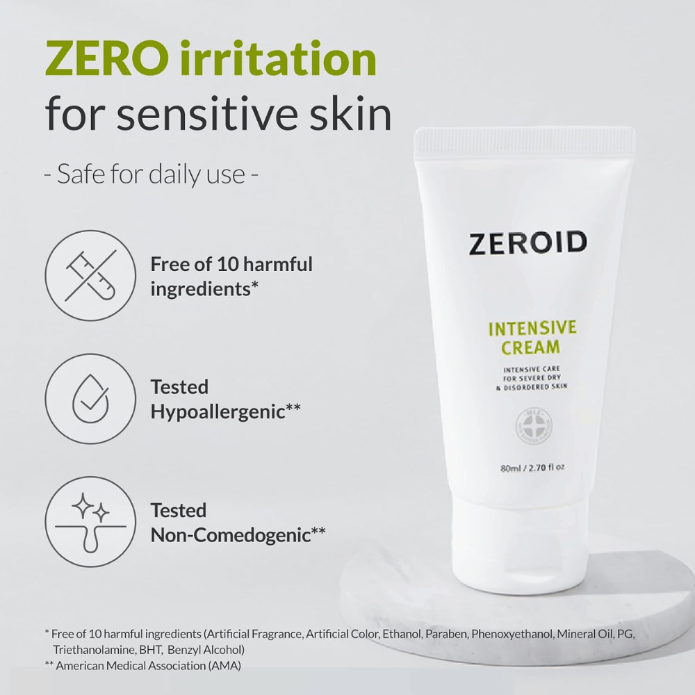 ZEROID Intensive Cream je vyvinutá pre citlivú pokožku a neobsahuje desať bežne sa vyskytujúcich zložiek, ktoré môžu spôsobovať podráždenie. Krém je hypoalergénne testovaný, nekomedogénny a vhodný na každodenné používanie.