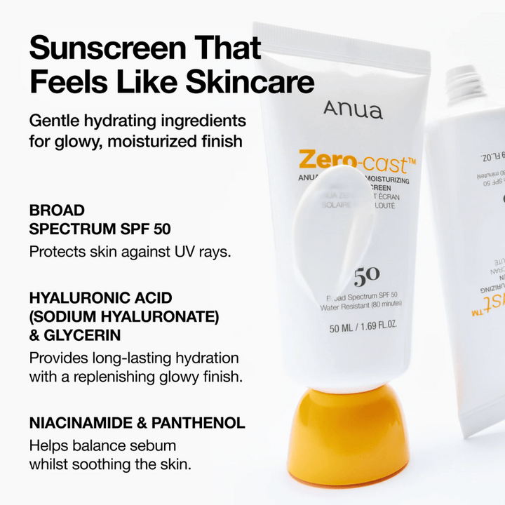 Detailný záber na ANUA Zero-Cast Moisturizing Sunscreen s SPF 50 – opaľovací krém v bielej tube s oranžovým uzáverom, zobrazujúci text o ingredienciách ako kyselina hyalurónová, niacínamid a panthenol pre hydratovanú, chránenú pokožku.