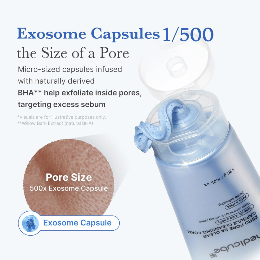 Medicube Zero Pore Capsule Cleansing Foam s exozómovými kapsulami a BHA, ktoré rozpúšťajú maz a čistia póry bez upchávania pokožky.