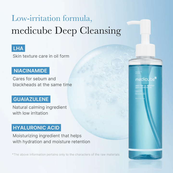 Medicube Zero Pore Blackhead Deep Cleansing Oil s ingredienciami LHA, Niacinamide, Guaiazulene a Hyaluronic Acid prezentované ako kľúčové funkcie pre jemné a efektívne čistenie.