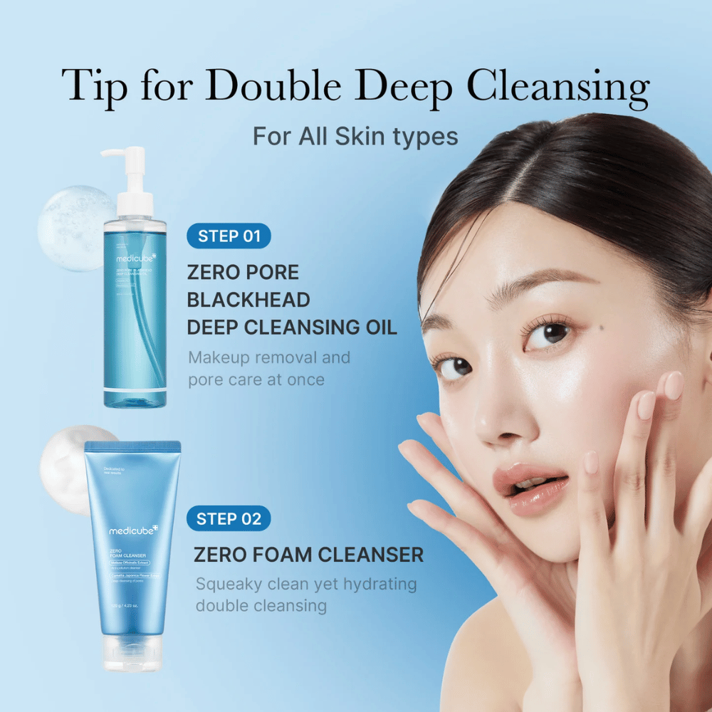 Reklamný obrázok pre Medicube dvojité čistenie s Zero Pore Blackhead Deep Cleansing Oil a Zero Foam Cleanser, spolu so ženou, ktorá ukazuje svoju čistú a hydratovanú pokožku.