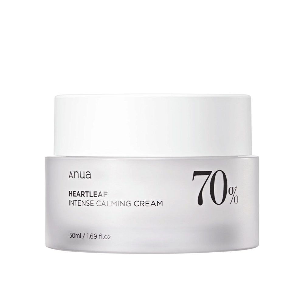 Biela nádoba s "Anua Heartleaf Intense Calming Cream" s označením "70%", označená objemom "50ml/1.69 fl.oz."