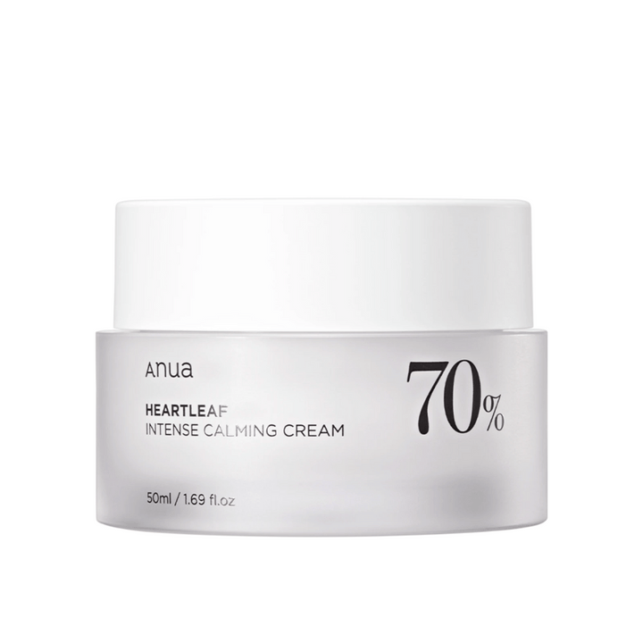 Biela nádoba s "Anua Heartleaf Intense Calming Cream" s označením "70%", označená objemom "50ml/1.69 fl.oz."