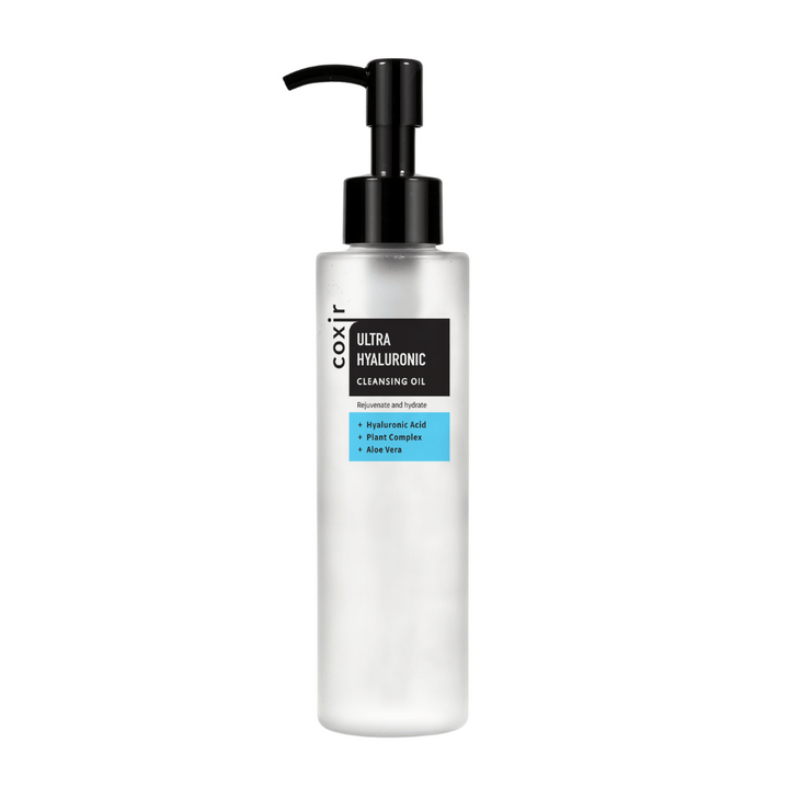 Biela pumpovacia fľaša s textom "coxir ULTRA HYALURONIC CLEANSING OIL", obsahujúca kyselinu hyalurónovú, rastlinný komplex a aloe vera pre hydratáciu a čistenie.