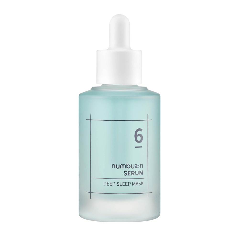 numbuzin No. 6 Deep Sleep Mask Serum v modrej matnej fľaši s pipetou, navrhnutý pre hlbokú hydratáciu pleti.