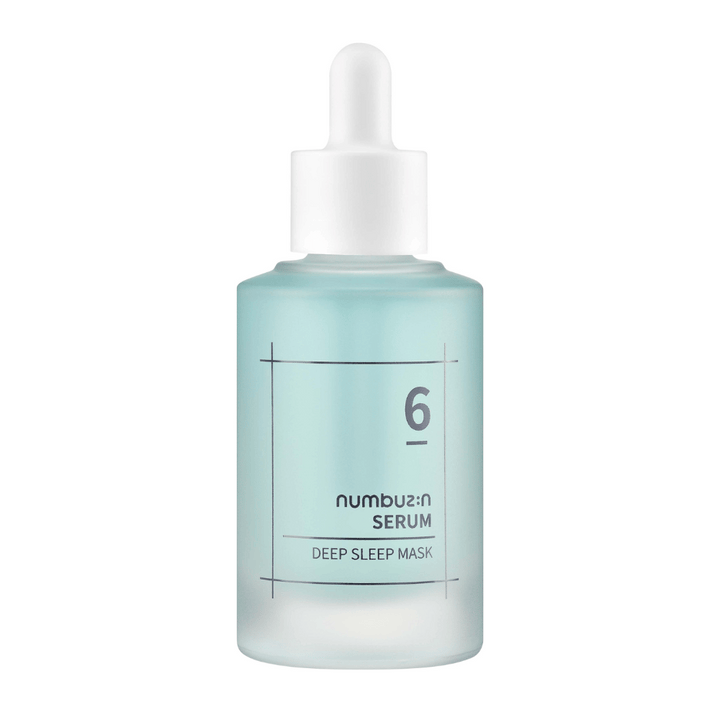 numbuzin No. 6 Deep Sleep Mask Serum v modrej matnej fľaši s pipetou, navrhnutý pre hlbokú hydratáciu pleti.