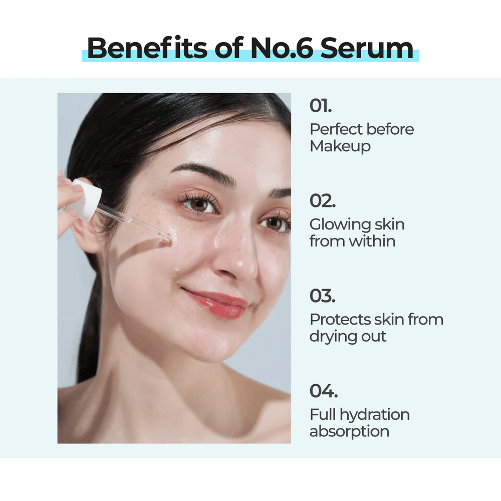 Žena aplikuje numbuzin No. 6 Deep Sleep Mask Serum s pipetou, ktorý dodáva žiarivosť, chráni pred suchosťou a je plne absorbovaný pokožkou.