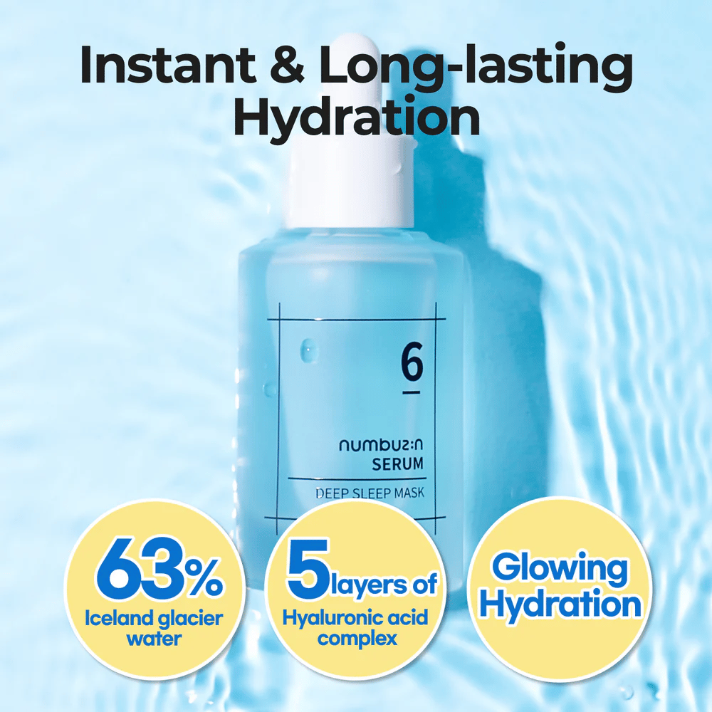 numbuzin No. 6 Deep Sleep Mask Serum s 63% ľadovcovou vodou a 5 vrstvami kyseliny hyalurónovej, pre intenzívnu a dlhotrvajúcu hydratáciu.