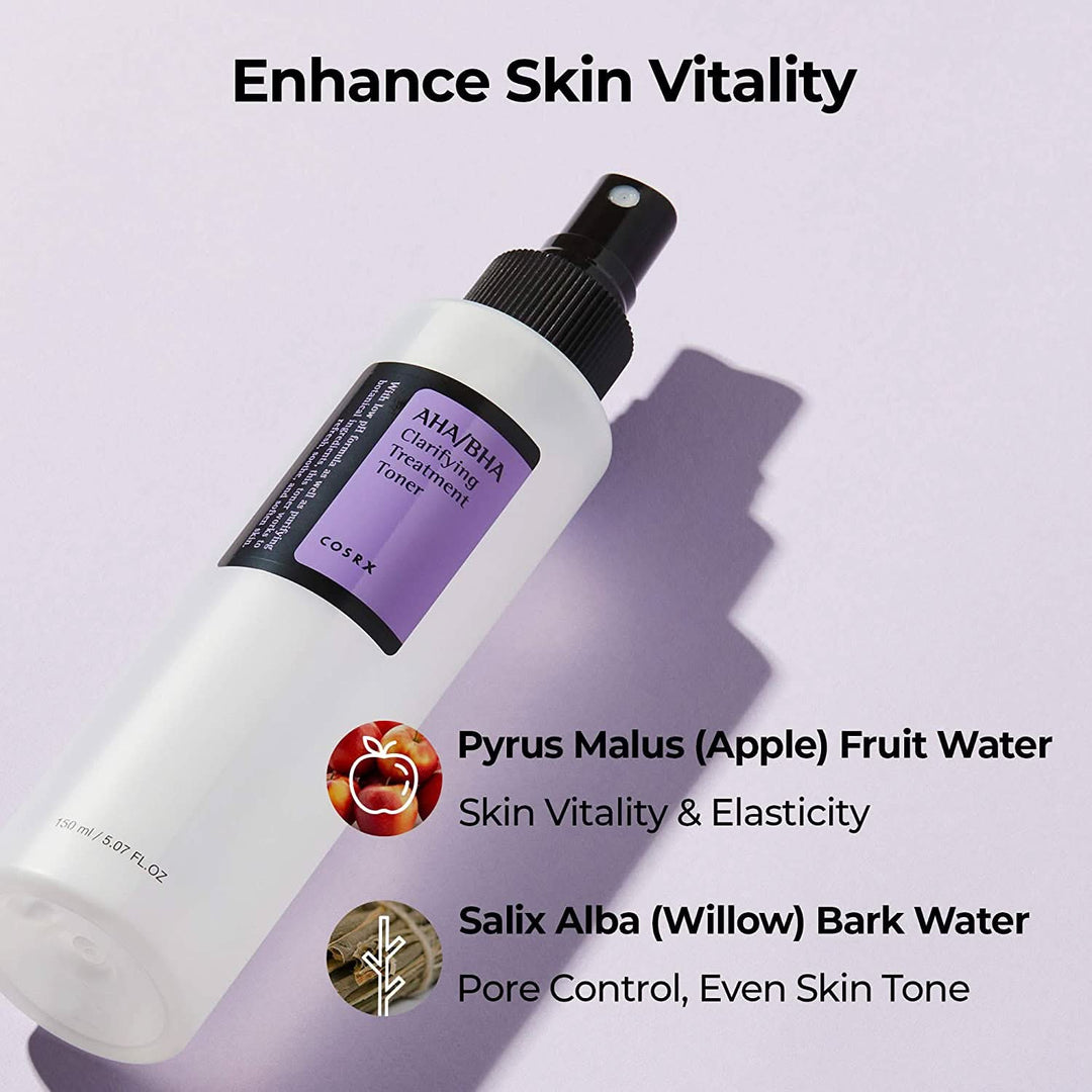 Fľaša COSRX AHA/BHA Clarifying Treatment Toner 150ml zameraná na čierne bodky.