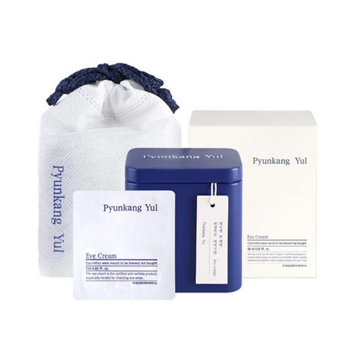 Balík s modrým vreckom a bielou škatuľkou pre Pyunkang Yul Eye Cream 1ml x 50ks.