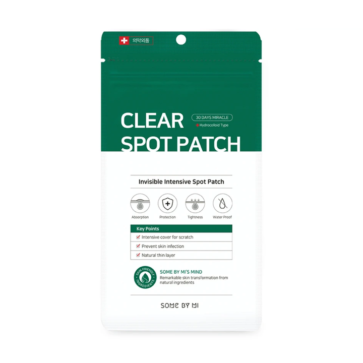 Some By Mi 30 Days Miracle Clear Spot Patch (18 ks) na bielom pozadí pre akné so schopnosťou absorbovať tekutinu z rany.