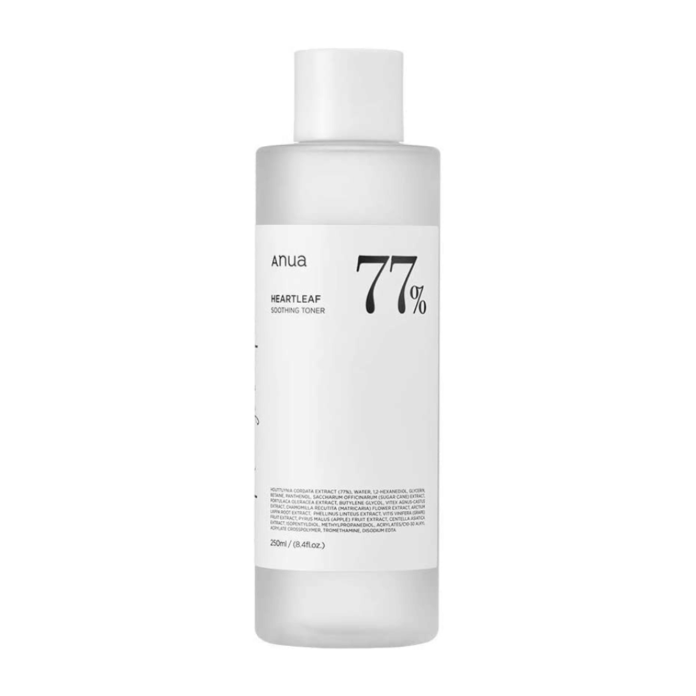 Fľaša Heartleaf 77% Soothing Toner s etiketou Anua, formulovaná s upokojujúcou pleťovou vodou pre citlivú pokožku.