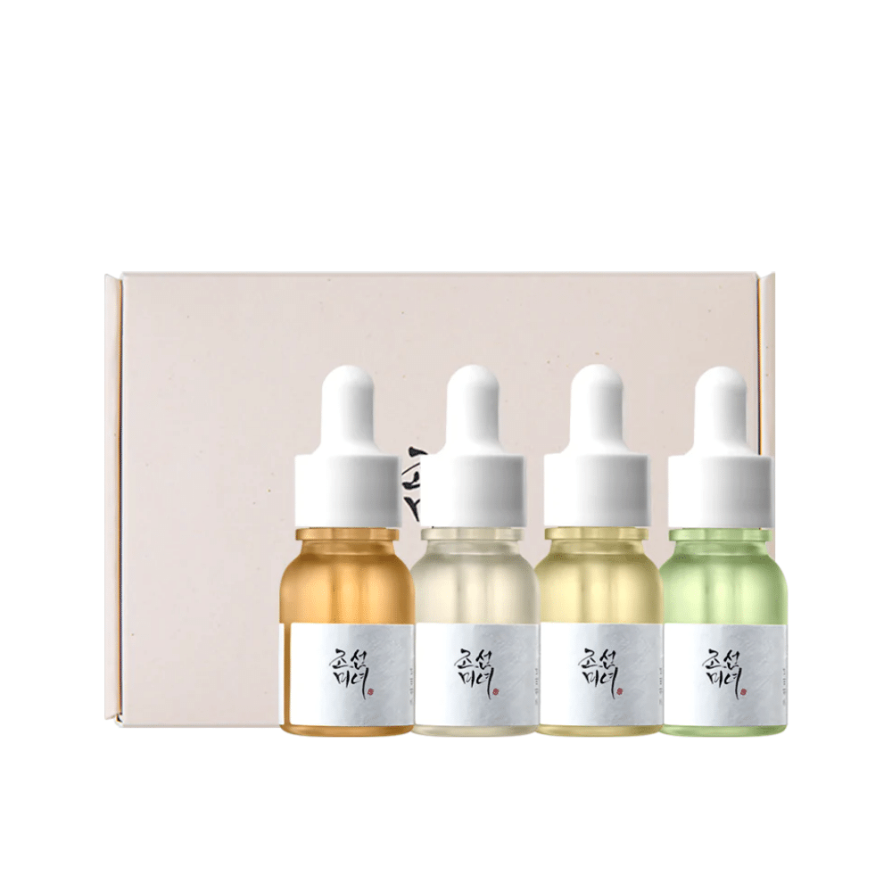 Krabica s tromi fľašami Hanbang Serum Discovery Kit 4 ks od Beauty of Joseon, z ktorých každé podporuje mladistvý lesk a znižuje vrásky.