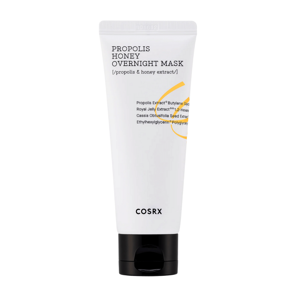 Biela tuba s Full Fit Propolis Honey Overnight Mask 60 ml na bielom pozadí infundovaná propolisovým extraktom od COSRX.