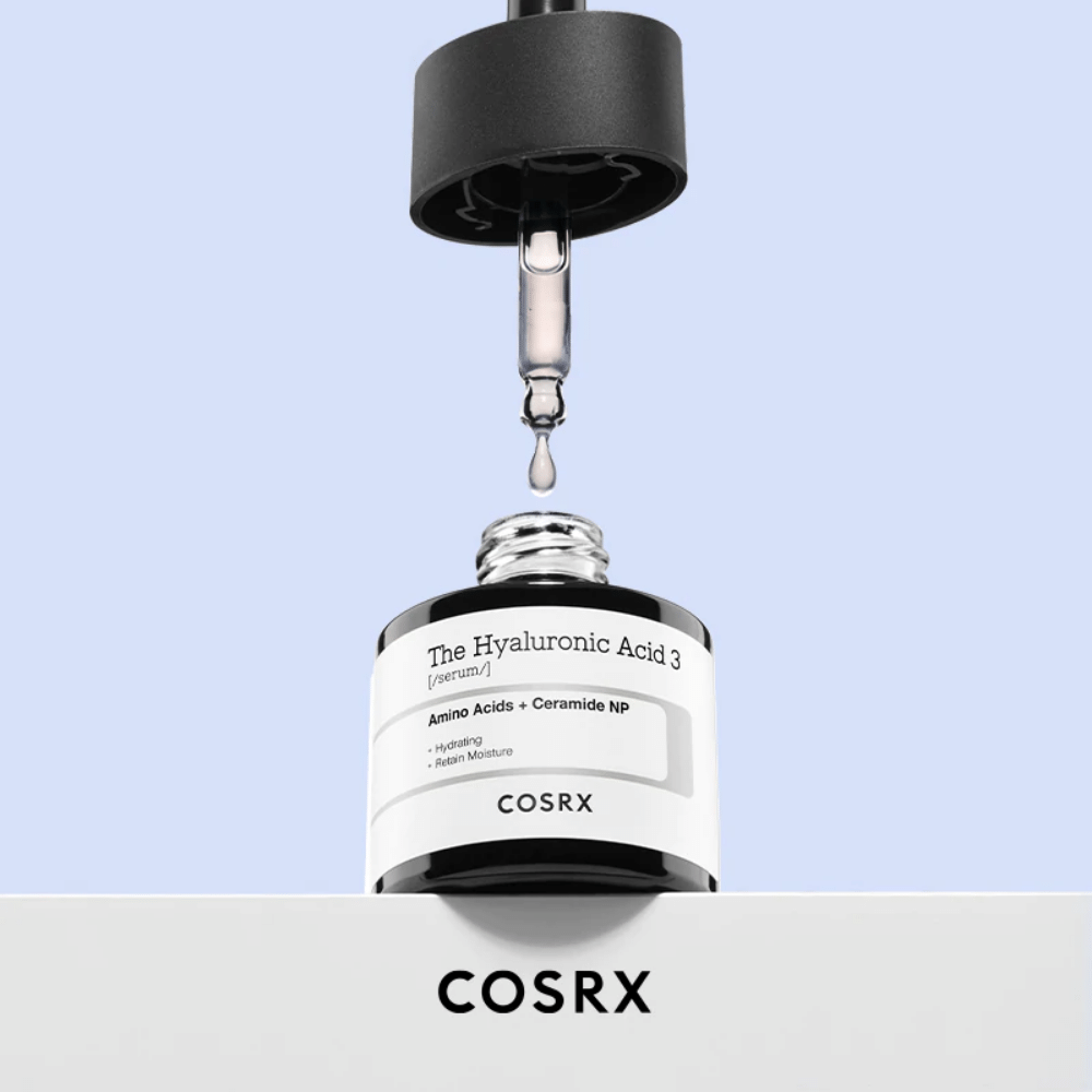 Sérum s kvapkadlom, obsahujúce COSRX: The Hyaluronic Acid 3 Serum 20ml na podporu hydratačnej bariéry pokožky.