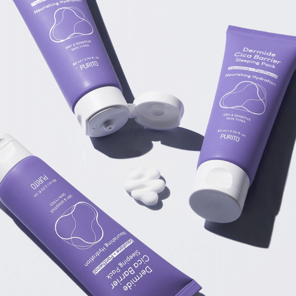 Dve tuby PURITO Dermide Cica Barrier Sleeping Pack 80ml na bielom povrchu.