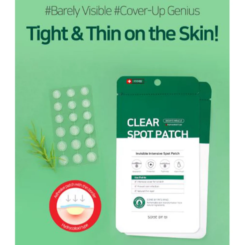 Biely 30 Days Miracle Clear Spot Patch (18 ks) na jasnom pozadí, vhodný na ošetrenie akné a exsudátu z rán. Značka: SOME BY MI