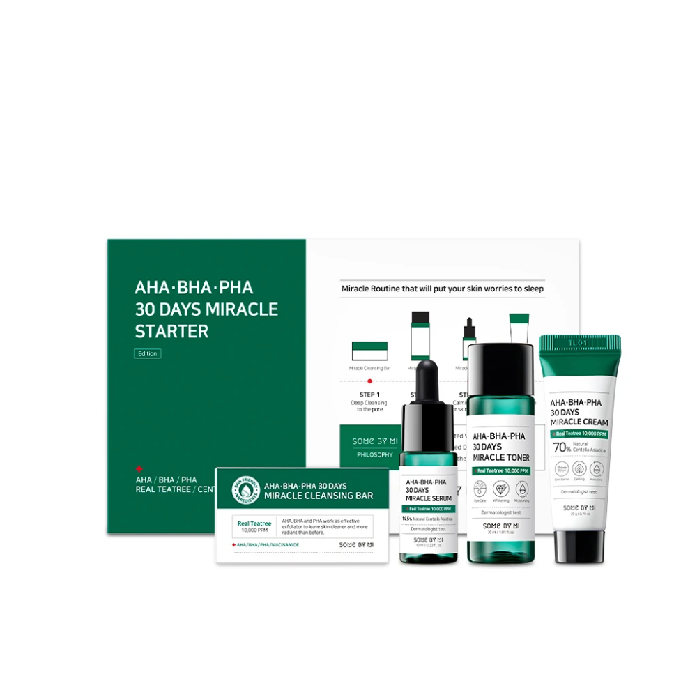 Súprava SOME BY MI AHA, BHA, PHA 30 Days Miracle Starter Limited Set so zelenou škatuľou.