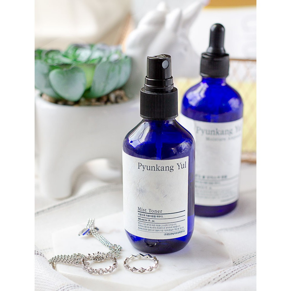 Fľaša Pyunkang Yul Mist Toner, alergiám priateľská toner, na stole vedľa kaktusu.