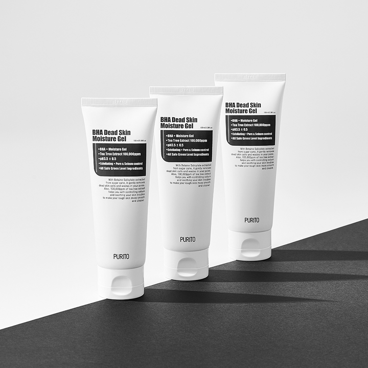 Tri tuby PURITO BHA Dead Skin Moisture Gel 100ml obsahujúce tea tree a aloe vera, položené na čiernom povrchu.