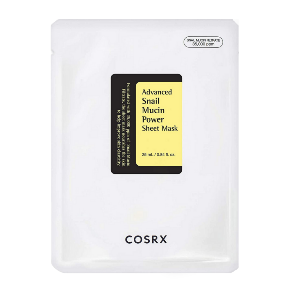 COSRX Advanced Snail Mucin Power Sheet Mask v bielom balení s čiernou a žltou etiketou, obohatená o 35 000 ppm slimačieho sekrétu pre hydratáciu, opravu a zlepšenú elasticitu pokožky.