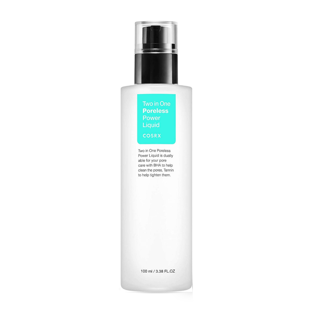 Fľaša COSRX Two In One Poreless Power Liquid 100ml, navrhnutá pre mastnú pleť, je zobrazená na bielom pozadí.