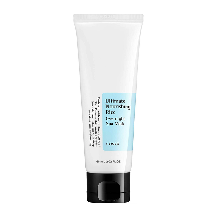 Tuba Ultimate Nourishing Rice Overnight Spa Mask 60ml od COSRX na bielom pozadí, navrhnutá na rozjasnenie pokožky.